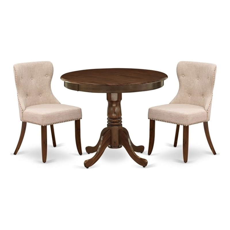 Pemberly Row 3-Piece Round Dinette Set with Walnut and Tan Chairs