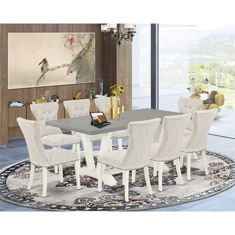 Pemberly Row 9-Piece Wood Dining Set with Linen Fabric Chairs in Doeskin