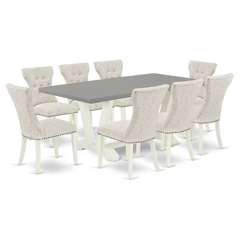 Pemberly Row 9-Piece Wood Dining Set with Linen Fabric Chairs in Doeskin