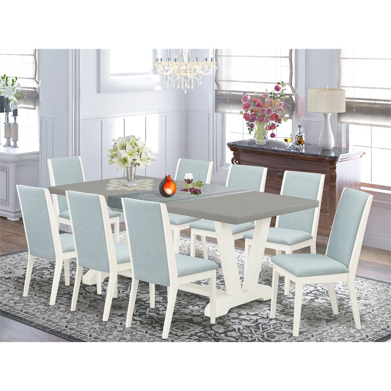 Pemberly Row 9-Piece Wood Dining Room Set with Baby Blue Linen Chairs