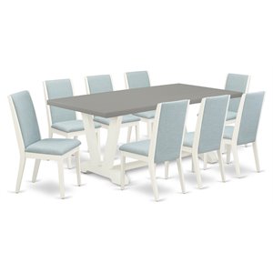 Pemberly Row 9-Piece Wood Dining Room Set with Baby Blue Linen Chairs