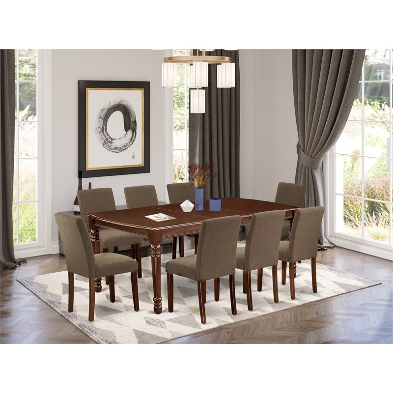 Pemberly Row 9-Piece Mahogany Wood Dining Set with Linen Fabric Chairs