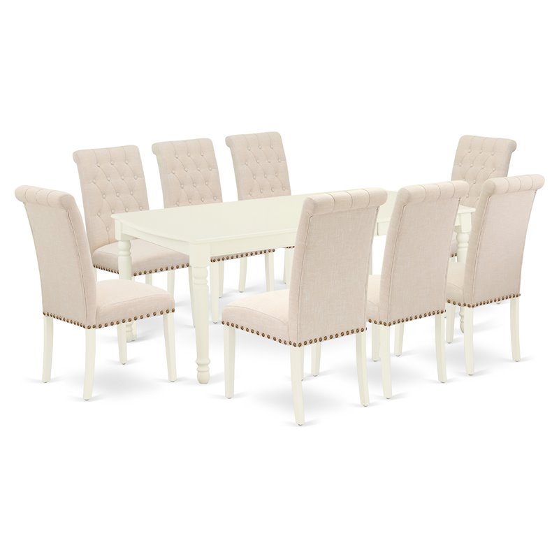 Pemberly Row 9-Piece Wood Dining Set with Fabric Upholstery in Linen White