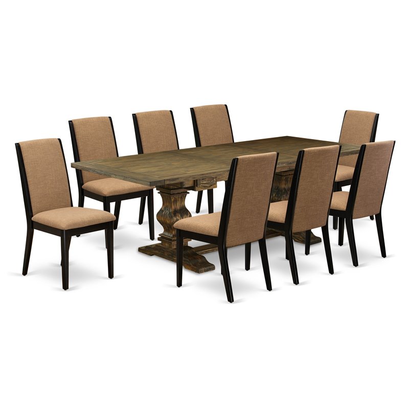 Pemberly Row 9-Piece Wood Dining Set in Distressed Jacobean with Fabric Chairs