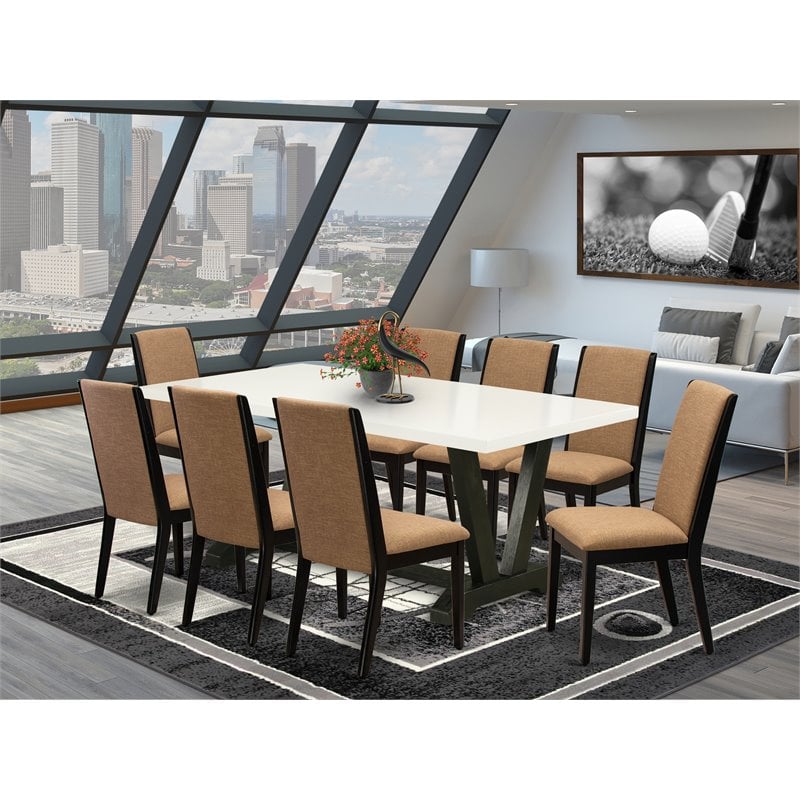 Pemberly Row 9-Piece Wood Dining Set in Wire Brushed Black and Sable