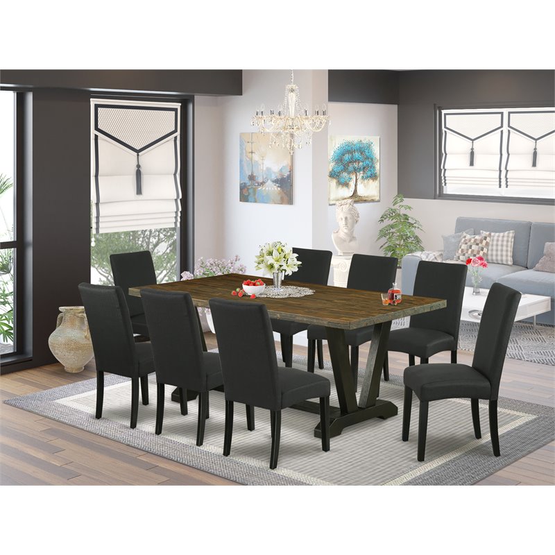 Pemberly Row 9-Piece Wood Dining Set in Jacobean and Wire Brushed Black