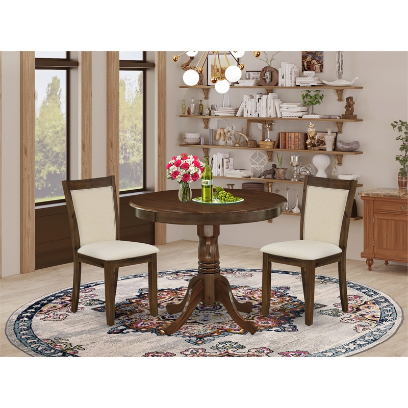 Pemberly Row 3-Piece Dining Set with Round Table in Antique Walnut/Light Beige