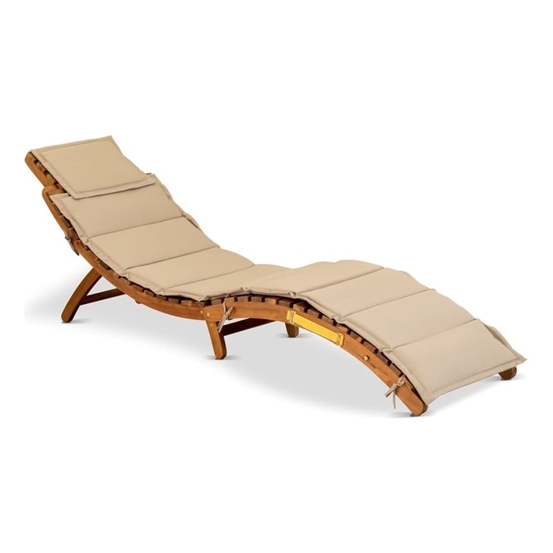 Pemberly Row Patio Chaise Lounge Chair in Acacia Wood with Light Brown Cushion