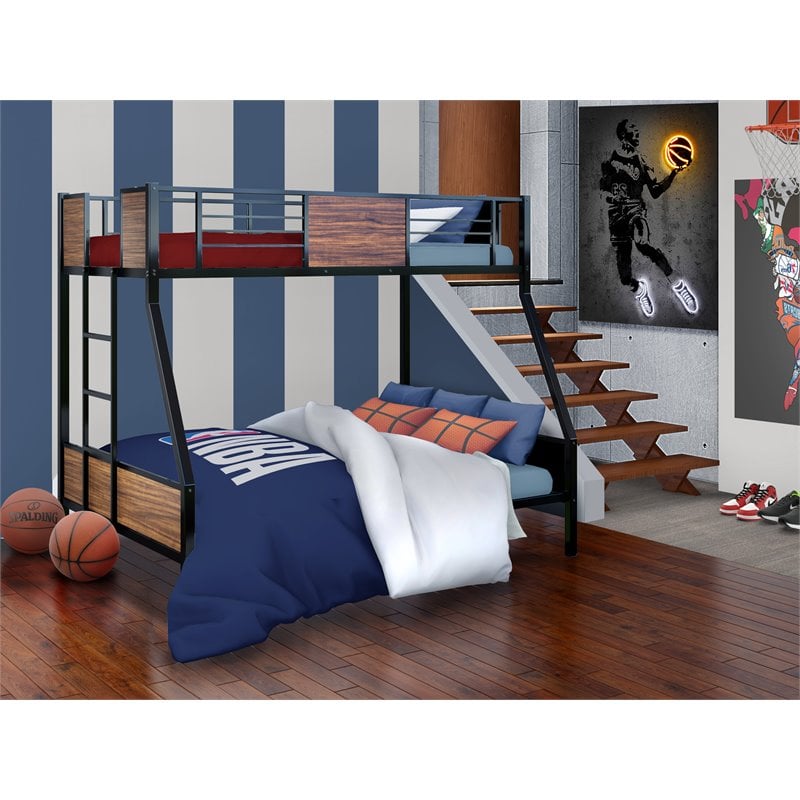 Pemberly Row Twin Over Full Metal Bunk Bed with Ladder and Rails in Black