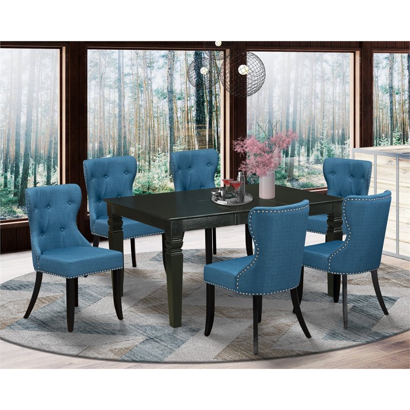 Pemberly Row 7-Piece Wood Dining Set with Black Table and Mineral Blue Chairs