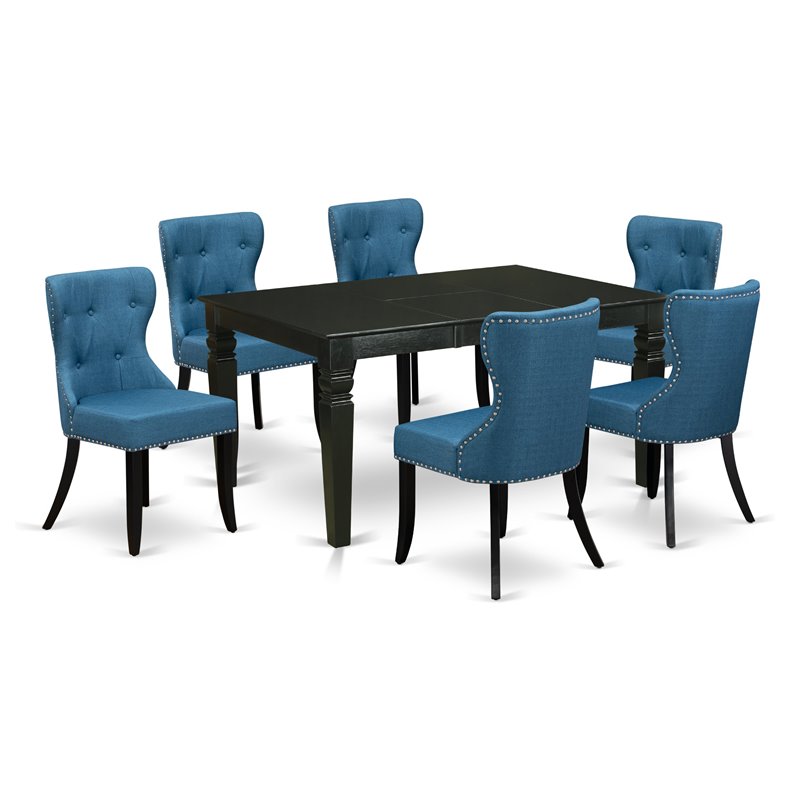 Pemberly Row 7-Piece Wood Dining Set with Black Table and Mineral Blue Chairs