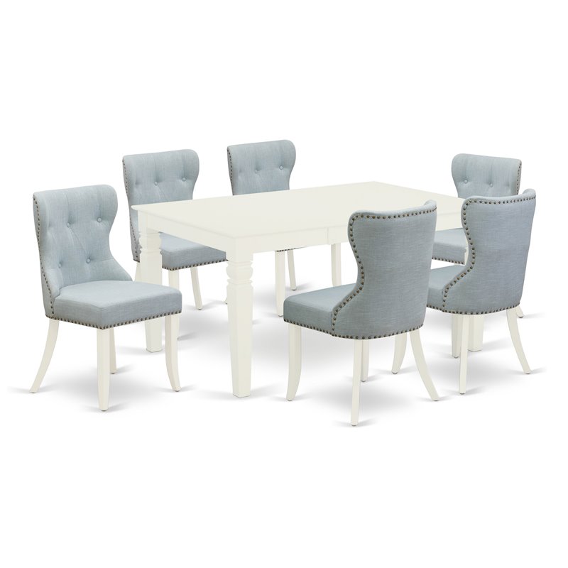 Pemberly Row 7-Piece Wood Dining Set with Linen White Table and Baby Blue Chairs