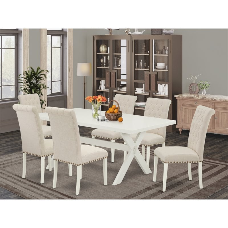 Pemberly Row 7-Piece Dining Room Set with X-Leg Table in Light Beige