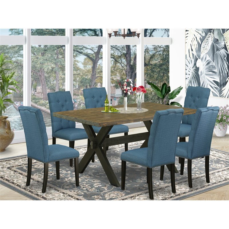 Pemberly Row 7-Piece Wood Dining Table Set in Black and Mineral Blue