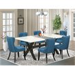 Pemberly Row 7-Piece Wood Dining Set with Blue Linen Chairs