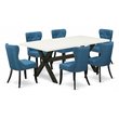 Pemberly Row 7-Piece Wood Dining Set with Blue Linen Chairs
