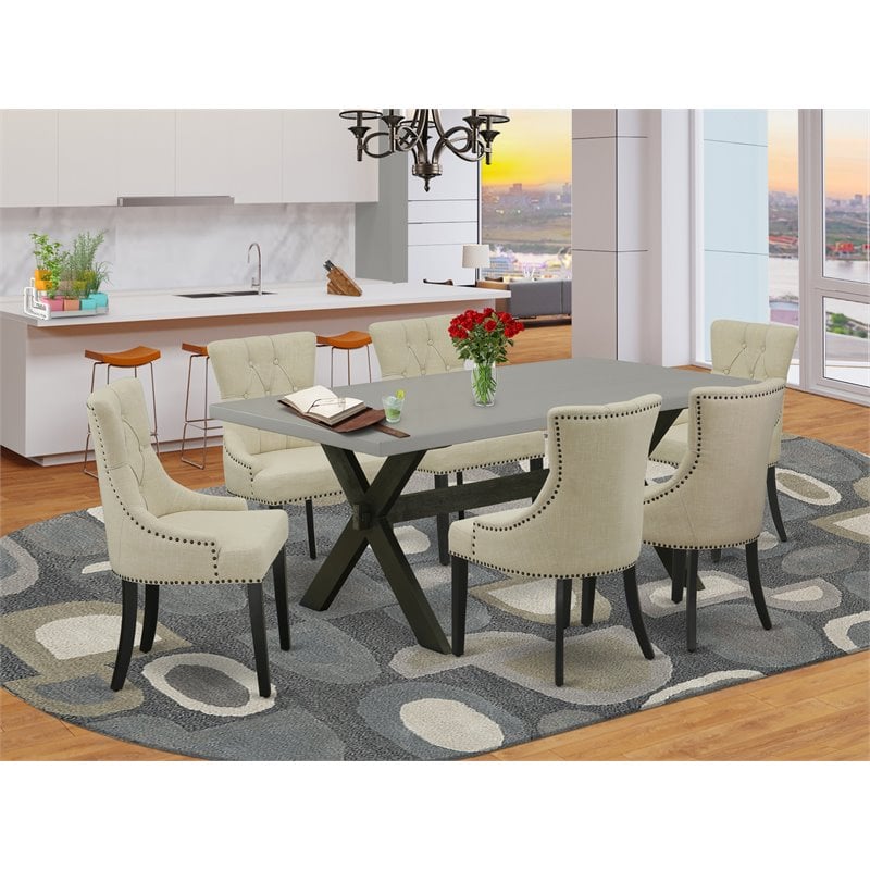 Pemberly Row 7-Piece Wood Dining Set with Upholstered Beige Chairs