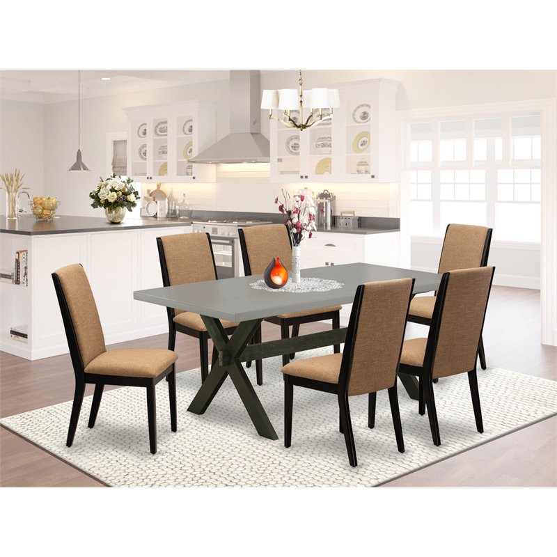 Pemberly Row 7-Piece Wood Dining Set in Black with Sable Fabric Seats
