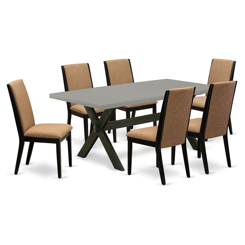 Pemberly Row 7-Piece Wood Dining Set in Black with Sable Fabric Seats