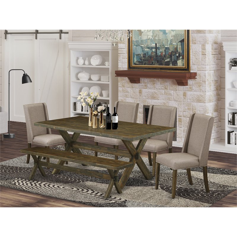 Pemberly Row 6-Piece Wood Kitchen Table Set in Jacobean Brown & Khaki