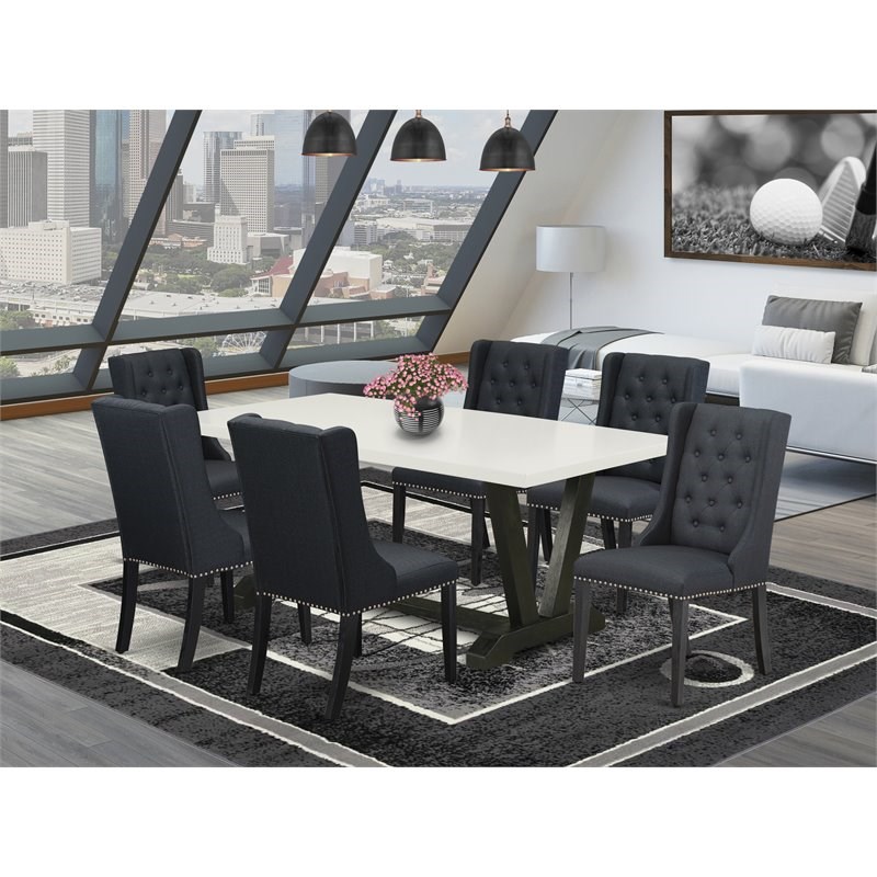 Pemberly Row 7-Piece Dining Set with Black Fabric and Linen White Table