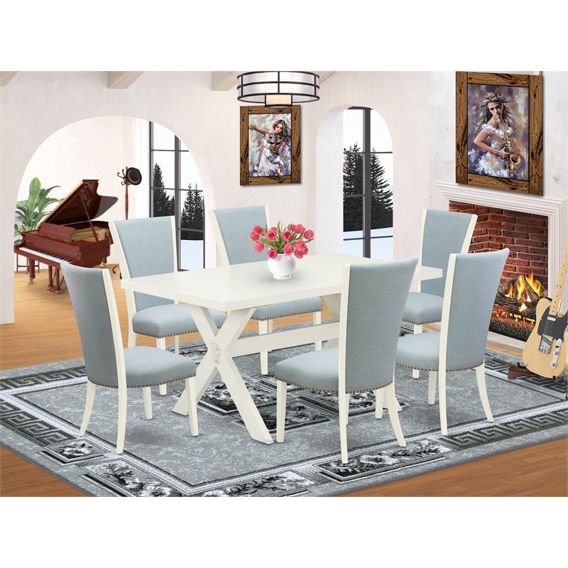 Pemberly Row X-Style Mid-Century 7-Piece Dining Set in Blue and White