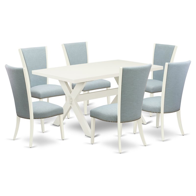 Pemberly Row X-Style Mid-Century 7-Piece Dining Set in Blue and White