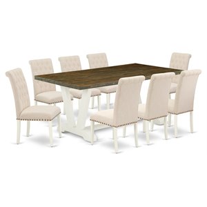 Pemberly Row 9-Piece Wood Dining Set with Beige Upholstery in Linen White