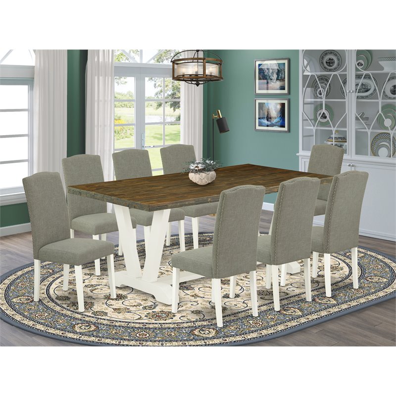 Pemberly Row 9-Piece Wood Dining Set with Shitake Upholstery in Linen White