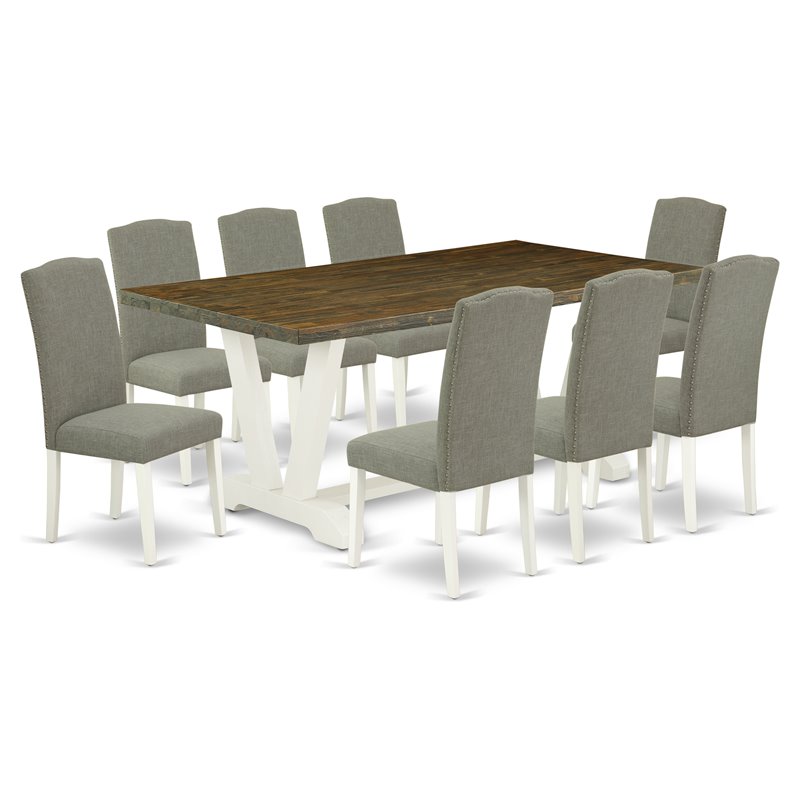 Pemberly Row 9-Piece Wood Dining Set with Shitake Upholstery in Linen White