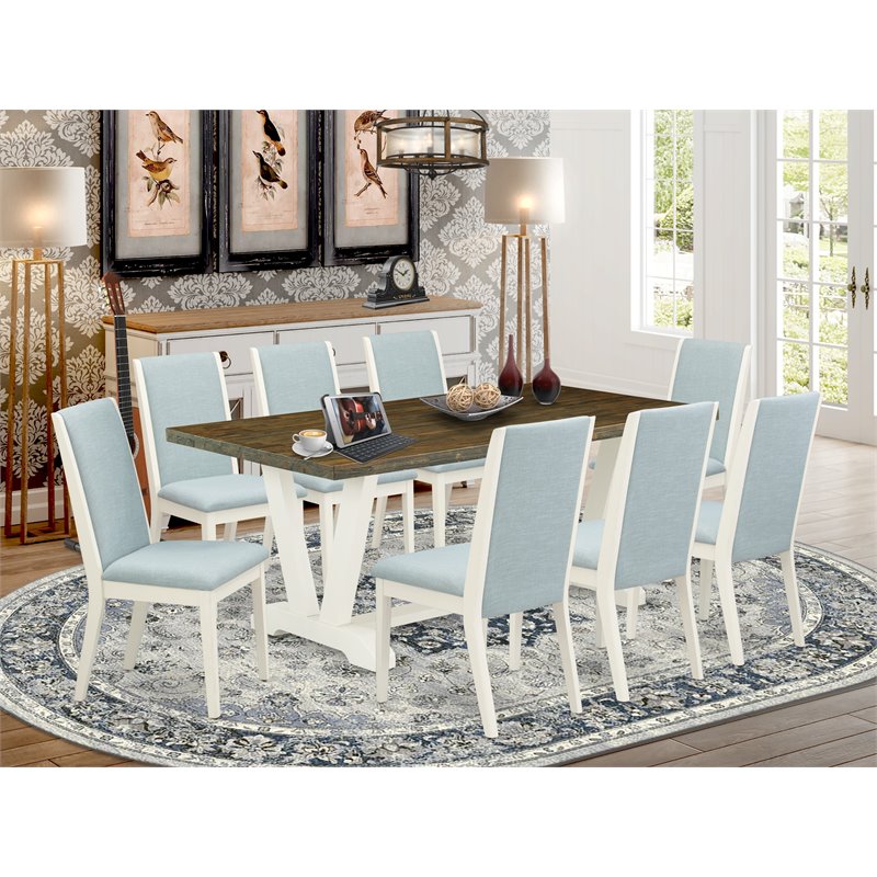 Pemberly Row 9-Pc Dining Set with Upholstered Chairs in Baby Blue/Jacobean