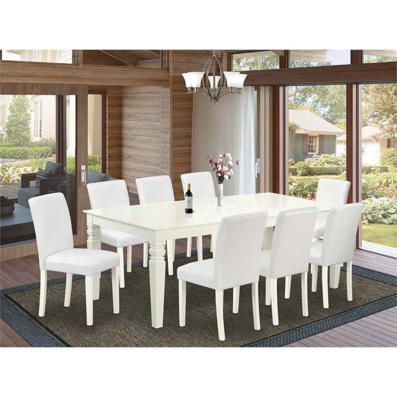 Pemberly Row 9-Piece Dining Set with Wood Table & Leather Seats in Linen White