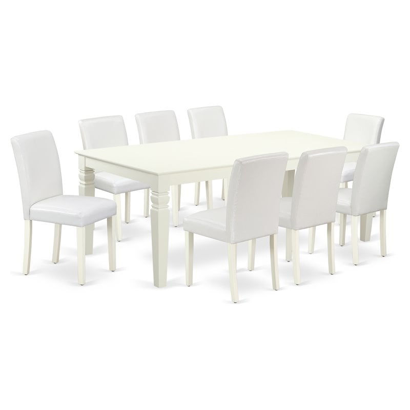 Pemberly Row 9-Piece Dining Set with Wood Table & Leather Seats in Linen White