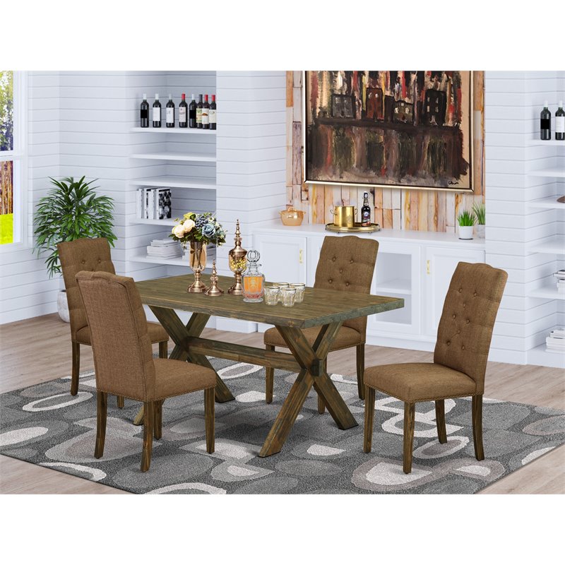 Pemberly Row X-Style 5-Piece Wood Dining Table Set in Jacobean/Brown Beige