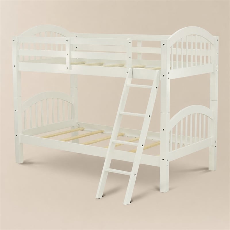Pemberly Row Twin Bunk Bed with Guardrails and Ladder in White Finish