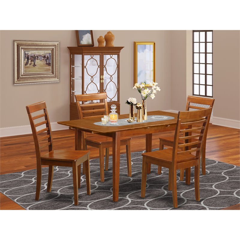 Pemberly Row Picasso 5-Piece Dining Table Set in Saddle Brown Wood Finish