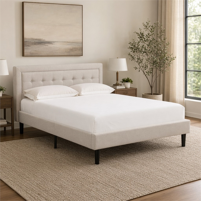 Pemberly Row Fannin Wood Platform Queen Bed in Mist Beige Finish