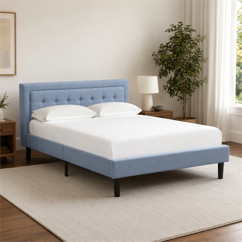 Pemberly Row Platform Queen Bed with Panel Headboard in Denim Blue