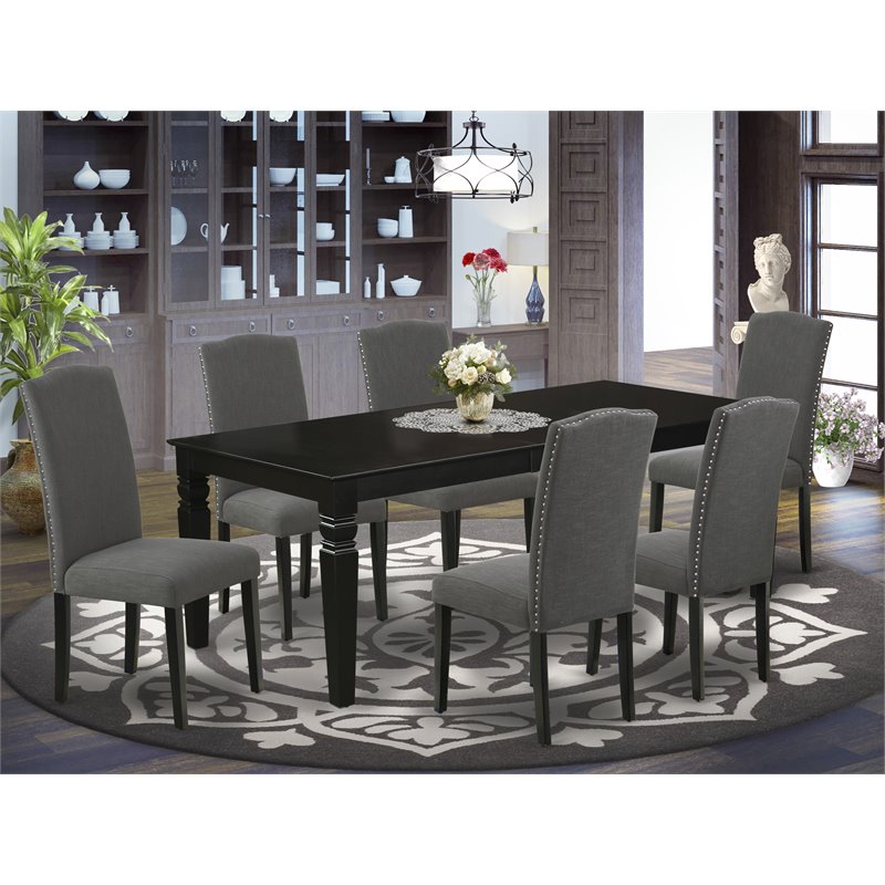 Pemberly Row 7-Piece Wood Dining Set with Linen Fabric Chairs in Black
