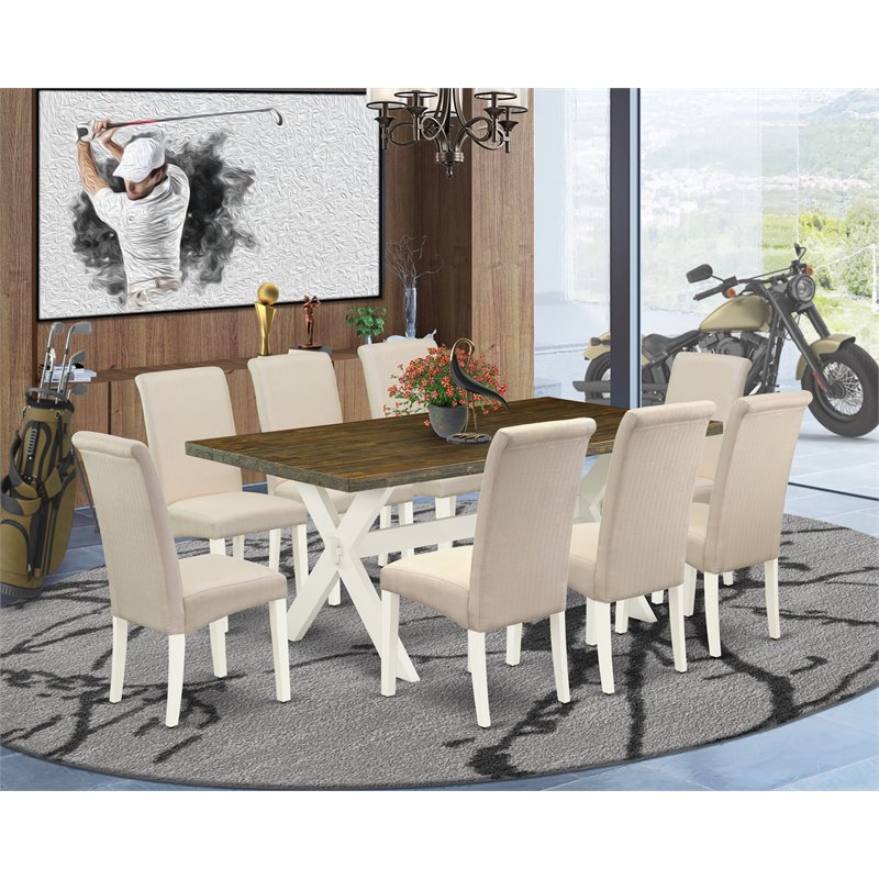Pemberly Row 9-Piece Dining Table Set in White Wood and Cream Linen Fabric