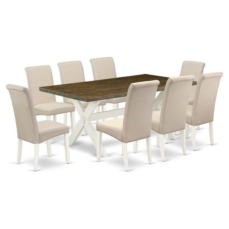 Pemberly Row 9-Piece Dining Table Set in White Wood and Cream Linen Fabric