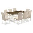 Pemberly Row 9-Piece Dining Table Set in White Wood and Cream Linen Fabric