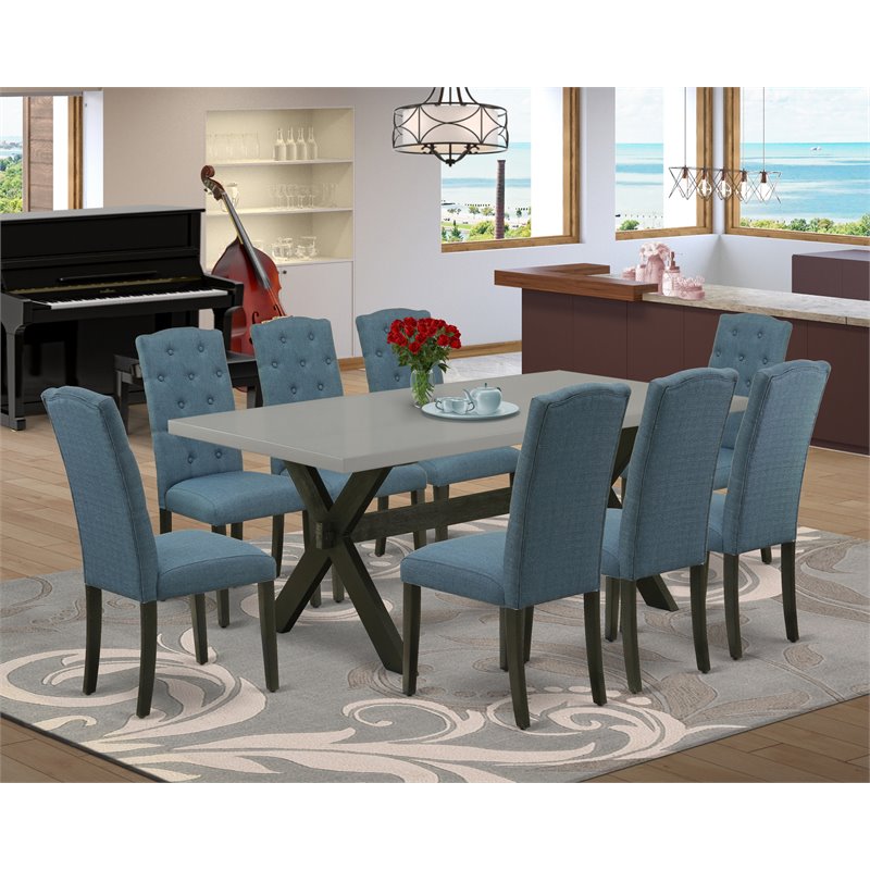 Pemberly Row 9-Pc Wood Dining Set with Blue Finish and Upholstery
