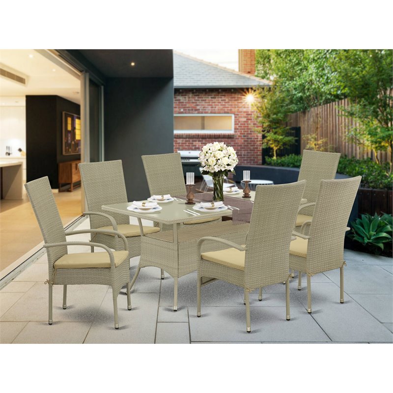 Pemberly Row 7-Piece Wicker Patio Set with Acacia Wood Table in Brown