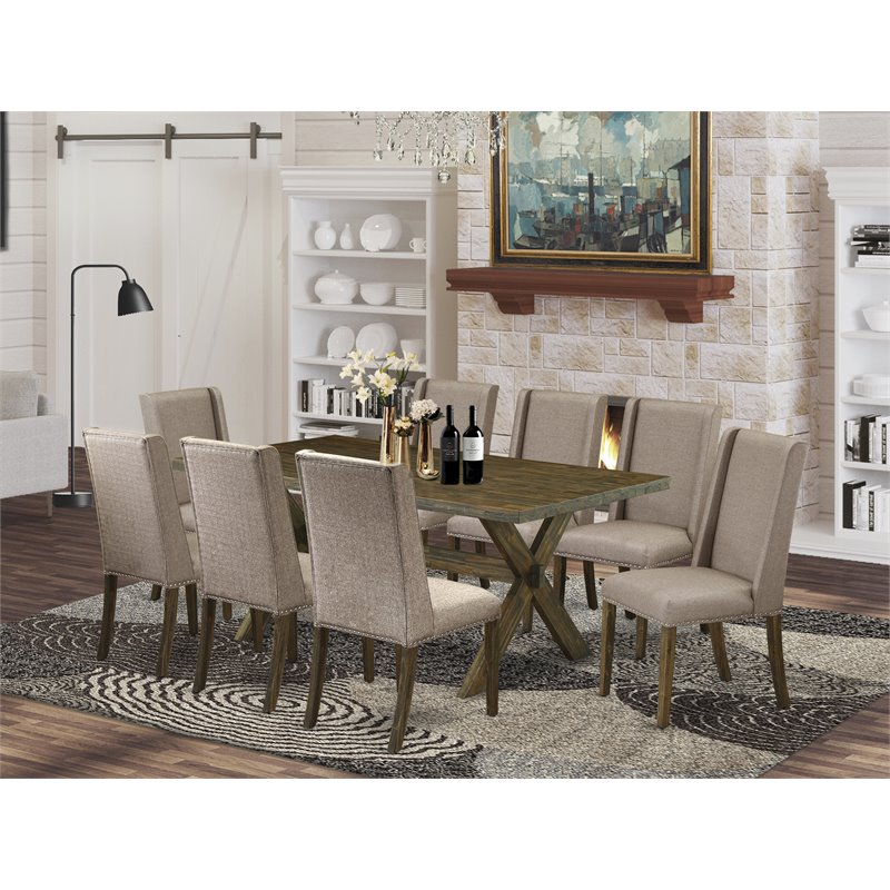 Pemberly Row 9-Piece X-Leg Rubber Wood Dining Set in Dark Khaki Finish
