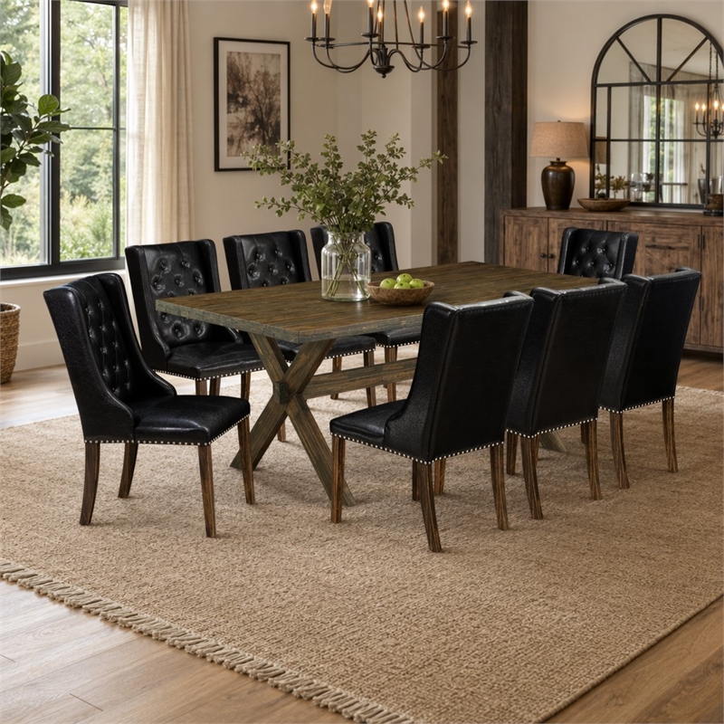 Pemberly Row 9-Piece Jacobean Dining Set with PU Leather Chairs and Table