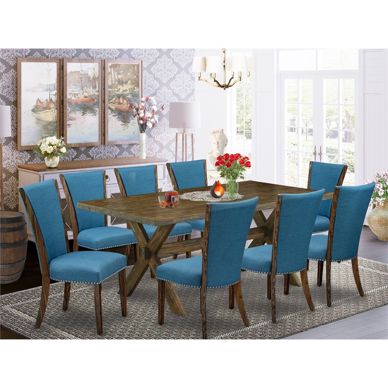 Pemberly Row X-Style 9-Piece Wood Dining Set in Jacobean Brown/Blue