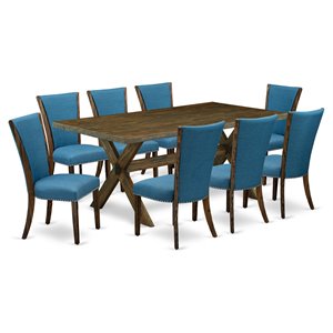 Pemberly Row X-Style 9-Piece Wood Dining Set in Jacobean Brown/Blue