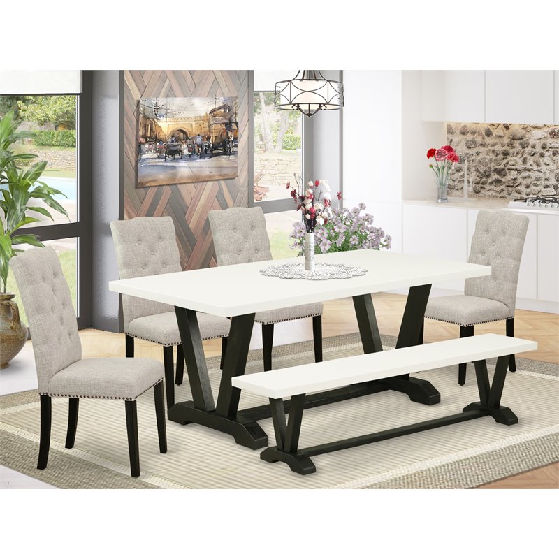 Pemberly Row 6-Piece Wood Dining Set with Bench in White/Doeskin/Black