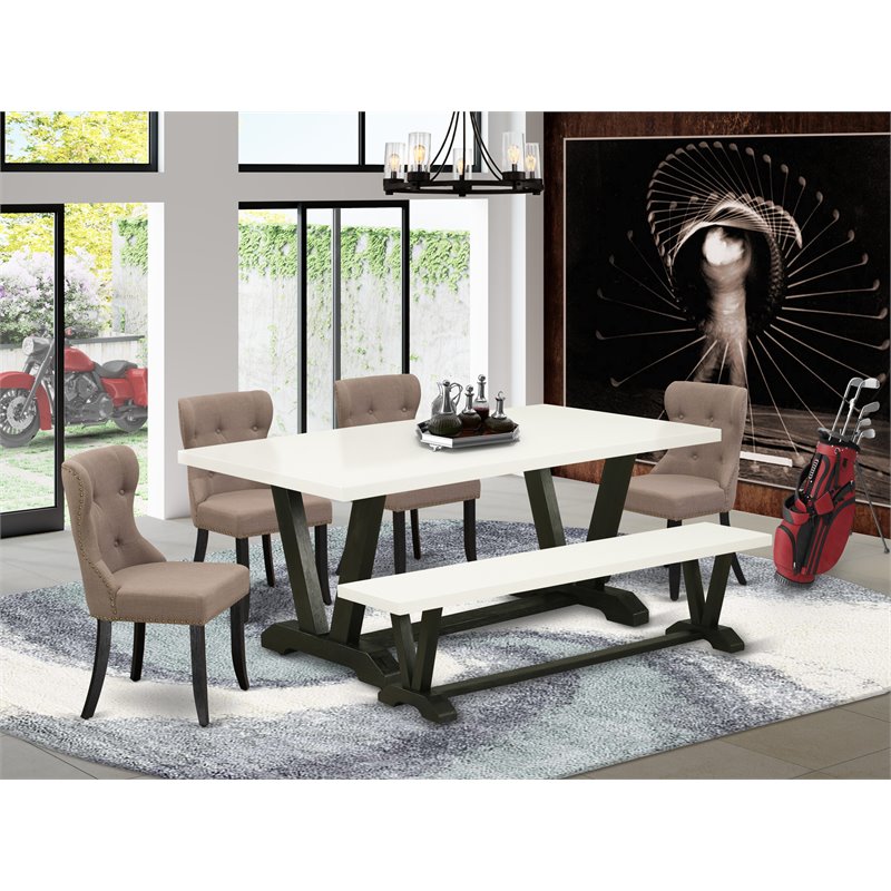 Pemberly Row 6-Piece Tufted Dining Set in Linen White and Black